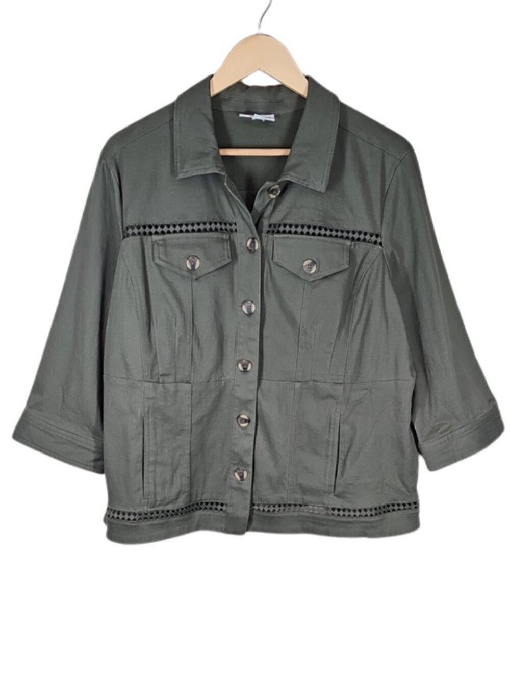 Westport Olive Green Utility Boxy Jacket Plus Sz 1X Crochet Trim 3/4 Sleeve Boho